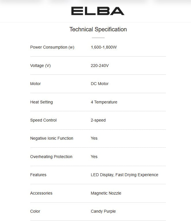 Elba Hair Dryer AIRLUX EHD-Q4643D(PP) DC Motor Candy Purple EHDQ4643DPP