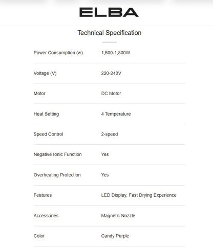 Elba Hair Dryer AIRLUX EHD-Q4643D(PP) DC Motor Candy Purple EHDQ4643DPP