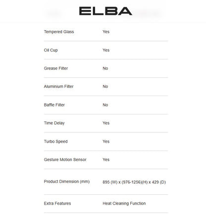 Elba Designer Cooker Hood EH-Q9129ST(BK) Chimney LED Sensor EHQ9129STBK