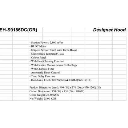 (COMBO) Elba Designer Cooker Hood EH-S9186DC(GR)Turbo boost EHS9186DC(GR) + 5.0KW Built in Glass Hob EGH-S8512G(GR)
