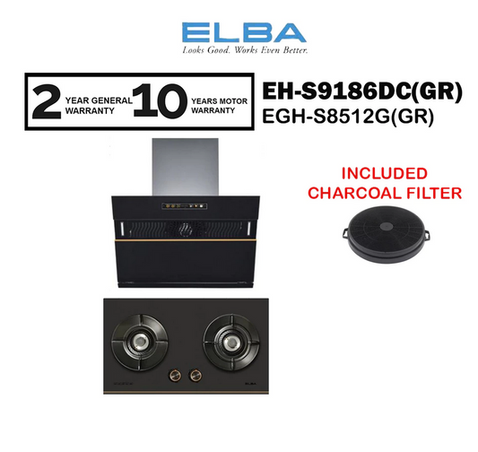 (COMBO) Elba Designer Cooker Hood EH-S9186DC(GR)Turbo boost EHS9186DC(GR) + 5.0KW Built in Glass Hob EGH-S8512G(GR)