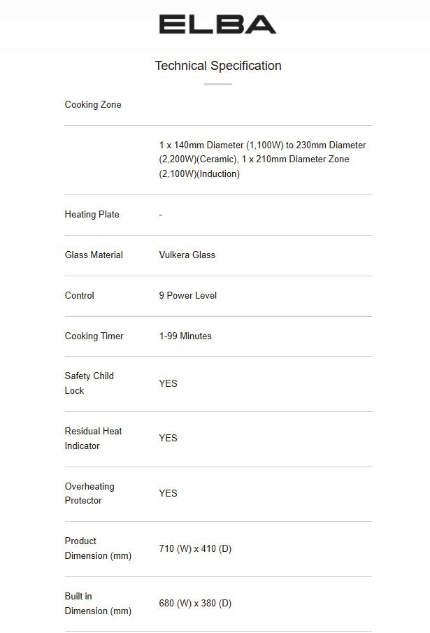 Elba 2 Burner EICH-Q7052ST(BK) Built-in Induction Ceramic Hob EICHQ7052STBK