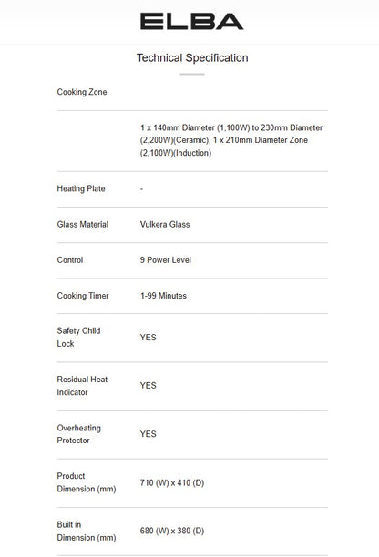 Elba 2 Burner EICH-Q7052ST(BK) Built-in Induction Ceramic Hob EICHQ7052STBK