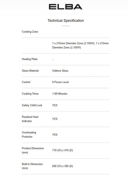ELBA 2 burner Built-in Induction Cooker EIC-Q7092ST(BK) / EICQ7092STBK