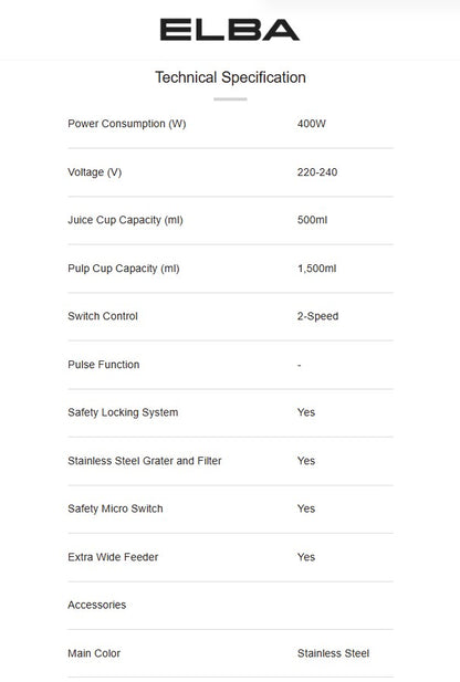 Elba 500ml Juice Extractor EJE-M0544(SS) / EJEM0544SS (400W)