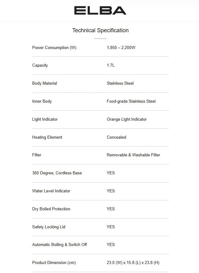 Elba 1.7L Jug Kettle EJK-J1762(SS) Stainless Steel EJKJ1762SS