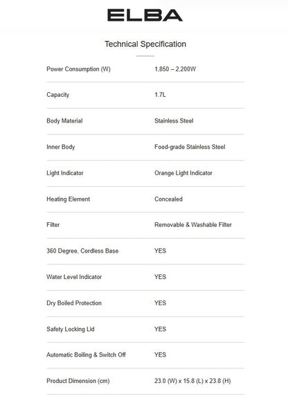 Elba 1.7L Jug Kettle EJK-J1762(SS) Stainless Steel EJKJ1762SS