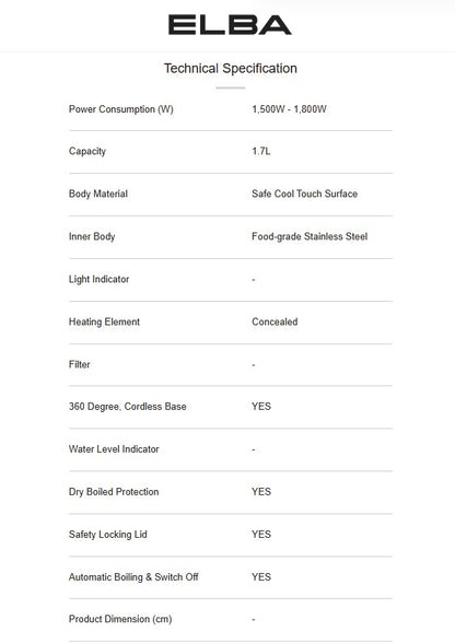 Elba 1.7L Jug Kettle Stainless Steel EJK-Q1782SS(GN) Green / EJKQ1782SSGN