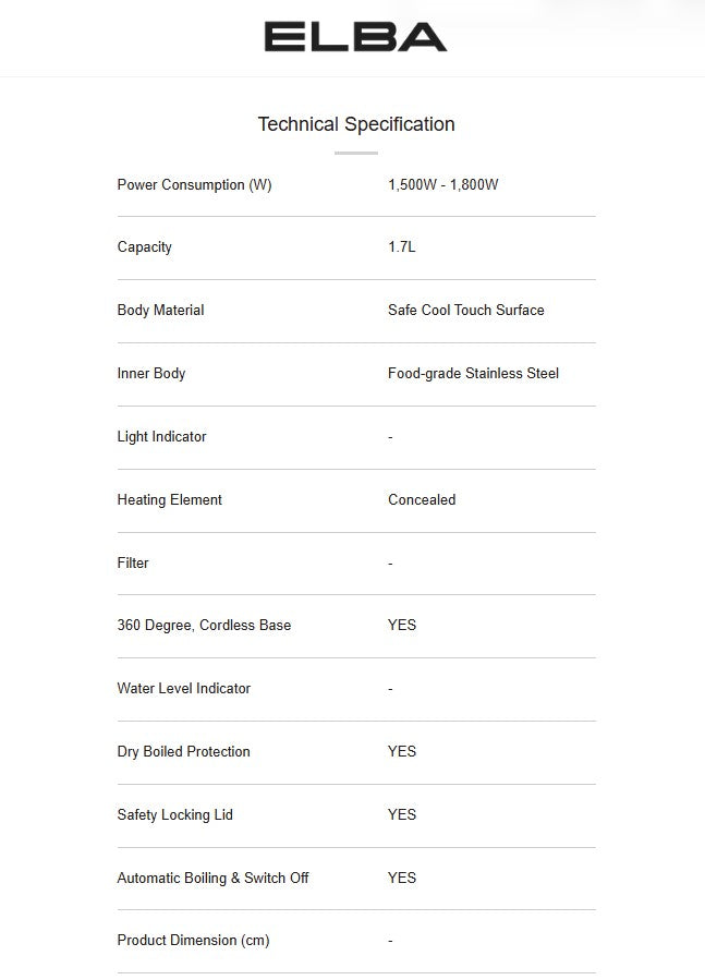 Elba 1.7L Jug Kettle Stainless Steel EJK-Q1783SS(RD) Red / EJKQ1783SSRD