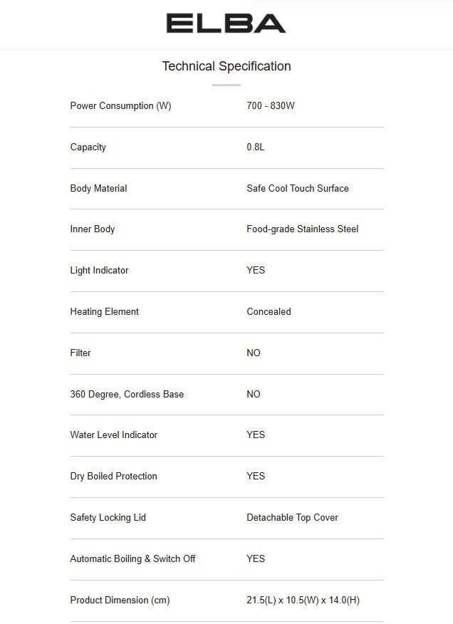 Elba Travel Kettle 0.8L EJK-R0881SS(GN) Green Stainless Steel EJKR0881SSGN