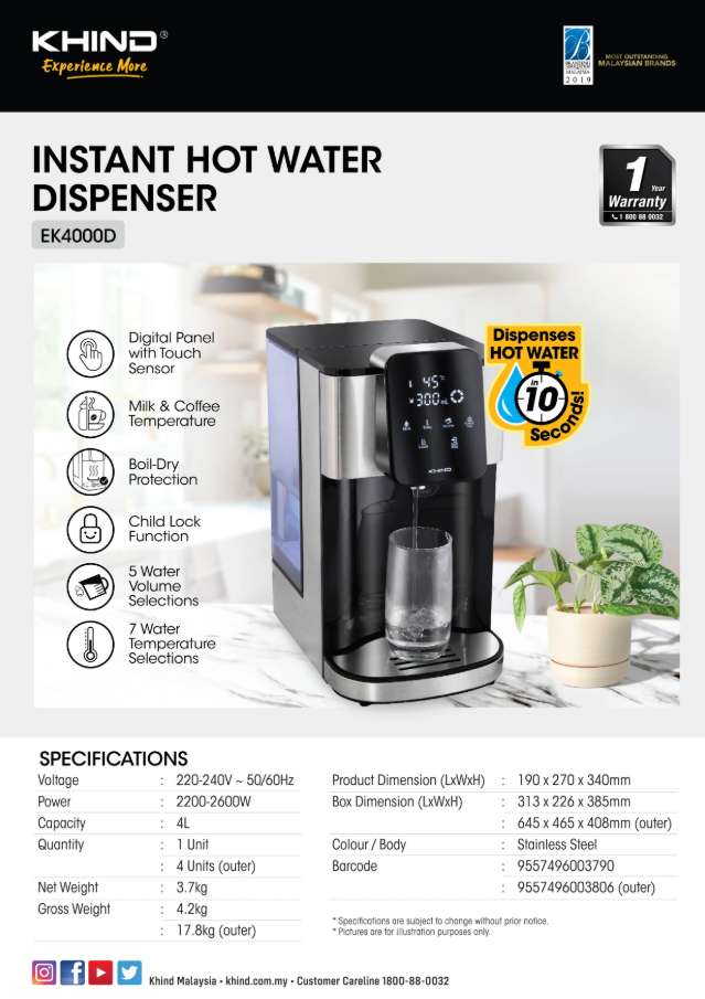 Khind 4L EK4000D Digital Instant Hot Water Dispenser