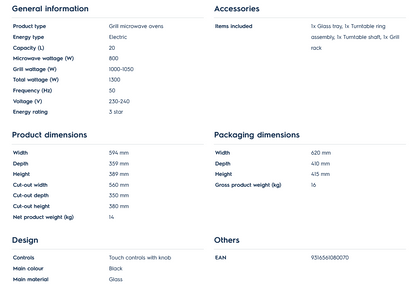 Electrolux EMSB20XG 60cm UltimateTaste 500 Built-in Grill Microwave Oven with 20L Capacity