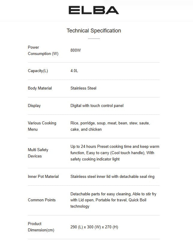 Elba 4L Pressure Cooker 800W EPC-N4062(BL) / EPCN4062BL