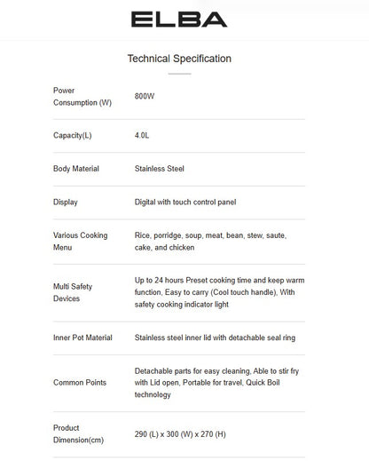 Elba 4L Pressure Cooker 800W EPC-N4062(BL) / EPCN4062BL