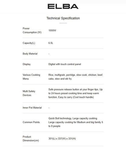 Elba 6L Pressure Cooker 1000W EPC-N6082(BR) / EPCN6082BR