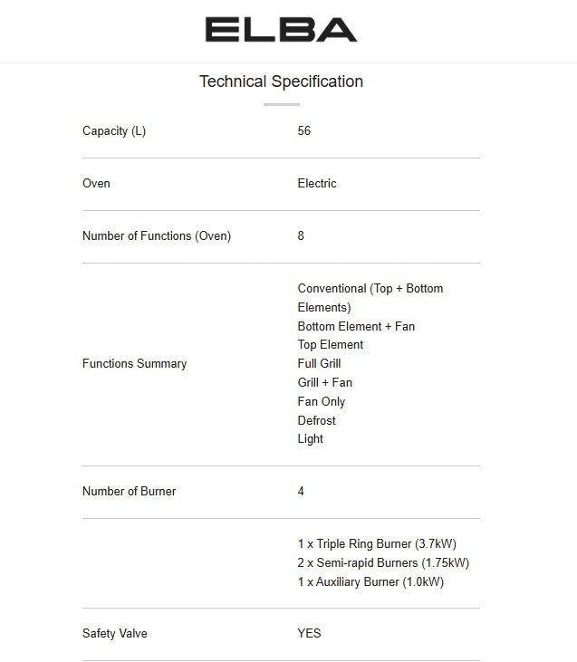 ELBA 56L Range Cooker EPRC-A6456GE(SS) 8 Function Oven 4 Burners EPRCA6456GESS
