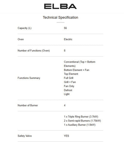 ELBA 56L Range Cooker EPRC-A6456GE(SS) 8 Function Oven 4 Burners EPRCA6456GESS