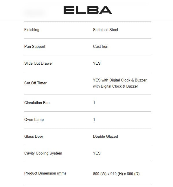 ELBA 56L Range Cooker EPRC-A6456GE(SS) 8 Function Oven 4 Burners EPRCA6456GESS