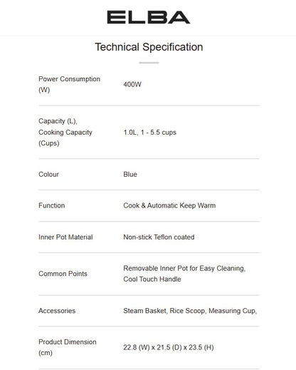 Elba 1.0L Jar Rice Cooker ERC-R1037(BL) / ERCR1037BL