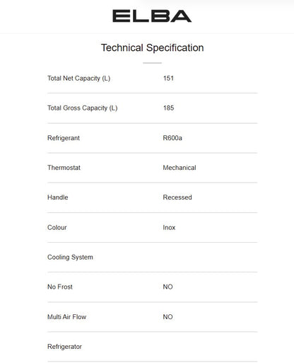 ELBA 185L Refrigerator ER-N1854(SV) / ERN1854SV (Silver)