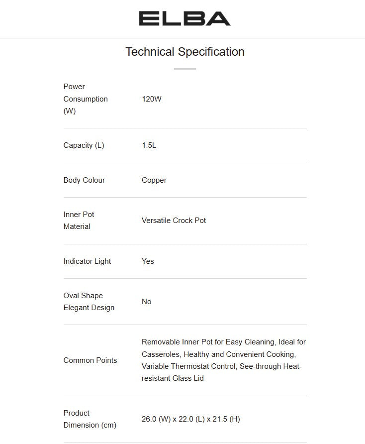 ELBA 1.5L Slow Cooker ESC-K1568(CP) / ESCK1568CP