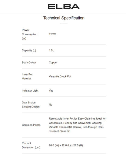 ELBA 1.5L Slow Cooker ESC-K1568(CP) / ESCK1568CP