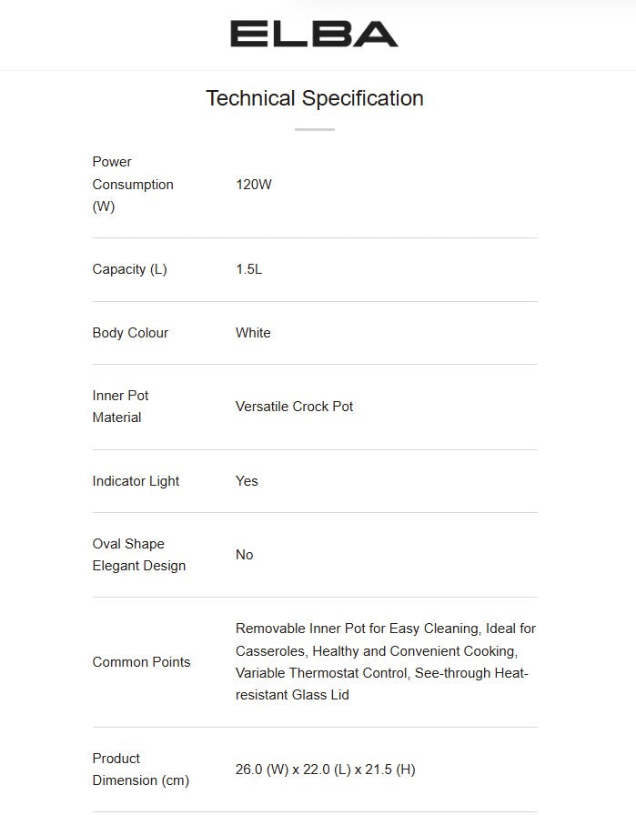 ELBA 1.5L Slow Cooker ESC-K1569(WH) / ESCK1569WH