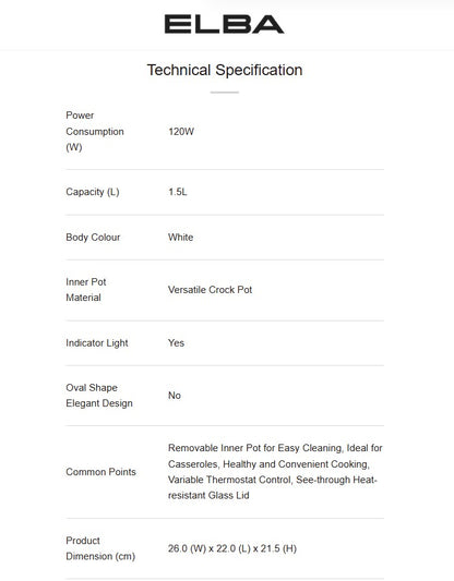 ELBA 1.5L Slow Cooker ESC-K1569(WH) / ESCK1569WH