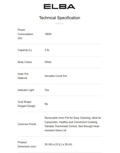 ELBA 3.5L Slow Cooker ESC-K3569(WH) / ESCK3569WH