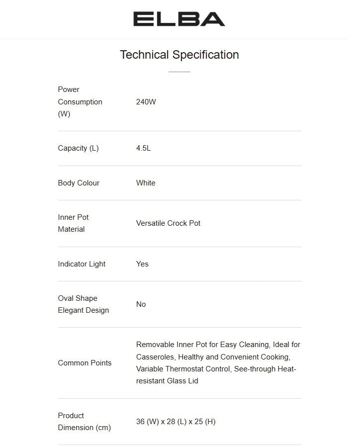ELBA 4.5L Slow Cooker ESC-K4569(WH) / ESCK4569WH