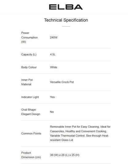 ELBA 4.5L Slow Cooker ESC-K4569(WH) / ESCK4569WH