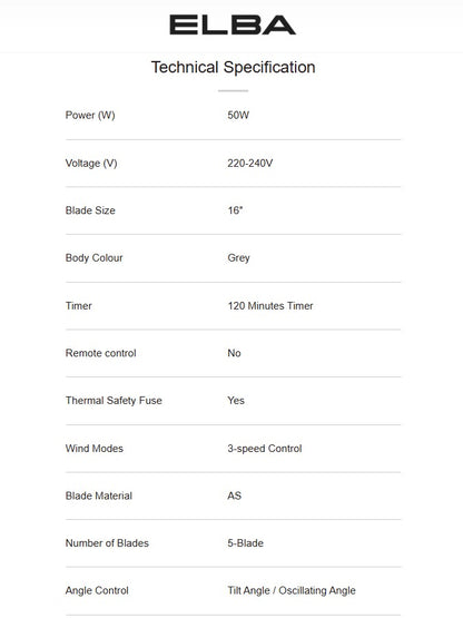 Elba 16" Stand Fan ESF-E1639TM(GR) Grey / ESFE1639TMGR