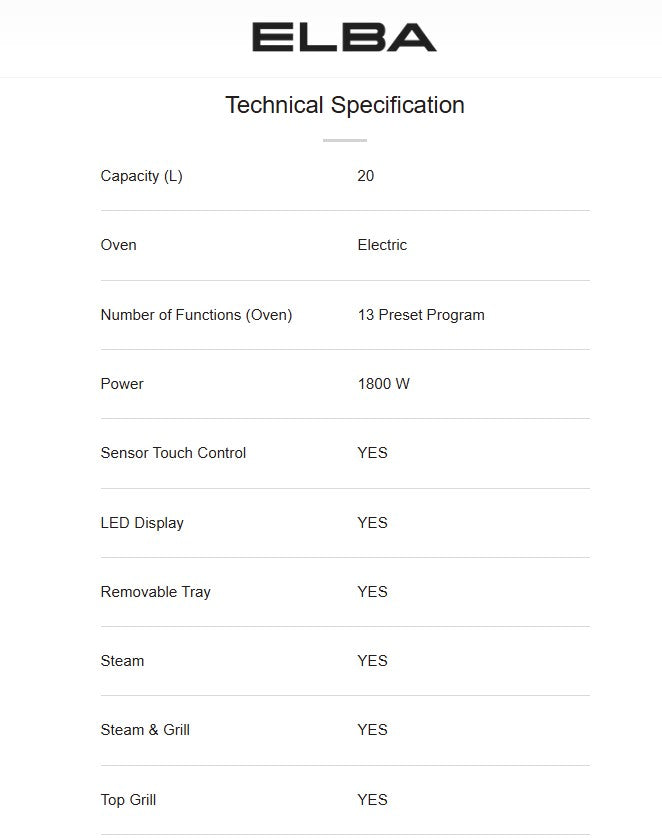 Elba 20L Combi Steam Oven ESGO-N2016SD(MG) / ESGON2016SDMG All in One