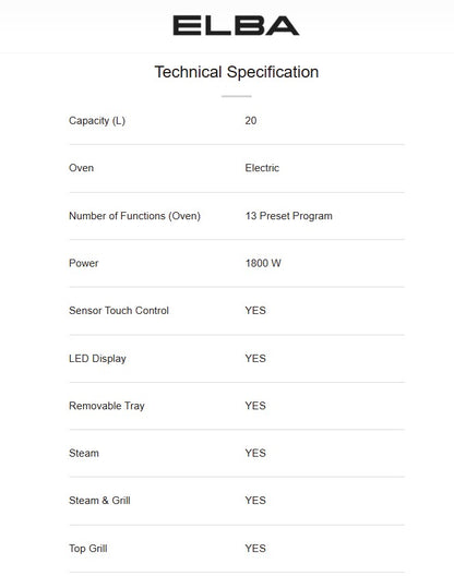 Elba 20L Combi Steam Oven ESGO-N2016SD(MG) / ESGON2016SDMG All in One