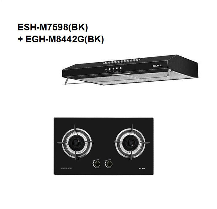 [COMBO] Elba Slim Hood ESH-M7598(BK) - Twin Motor + 2 Burners Glass Stove EGH-M8442G(BK) 4.8kW