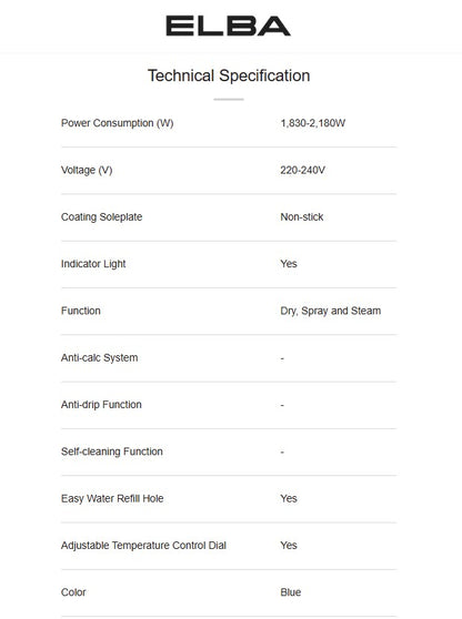 Elba ESIN1852 Steam Iron (1830W - 2180W) ESI-N1852(BL) Blue / ESIN1852BL