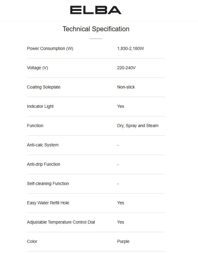 Elba ESIN1852 Steam Iron (1830W - 2180W) ESI-N1852(PP) Purple / ESIN1852PP