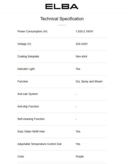 Elba ESIN1852 Steam Iron (1830W - 2180W) ESI-N1852(PP) Purple / ESIN1852PP