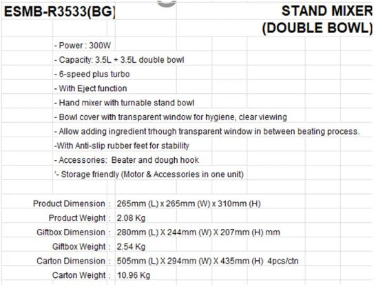 ELBA 3.5L + 3.5L double bowl Stand Mixer 300W ESMB-R3533(BG) /  ESMBR3533BG