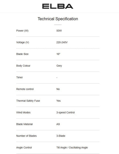Elba 16" Table Fan ETF-G1620(GR) / ETFG1620GR 3 Speed