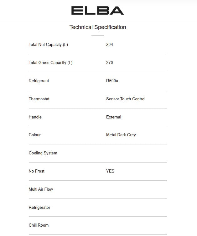 Elba 270L Upright Freezer EUF-Q2750FF(GR) No Frost EUFQ2750FFGR