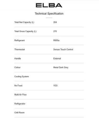 Elba 270L Upright Freezer EUF-Q2750FF(GR) No Frost EUFQ2750FFGR