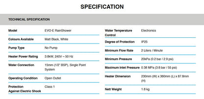 Alpha Water Heater No Pump Evo-e Rainshower /Evoe (Ivory White)