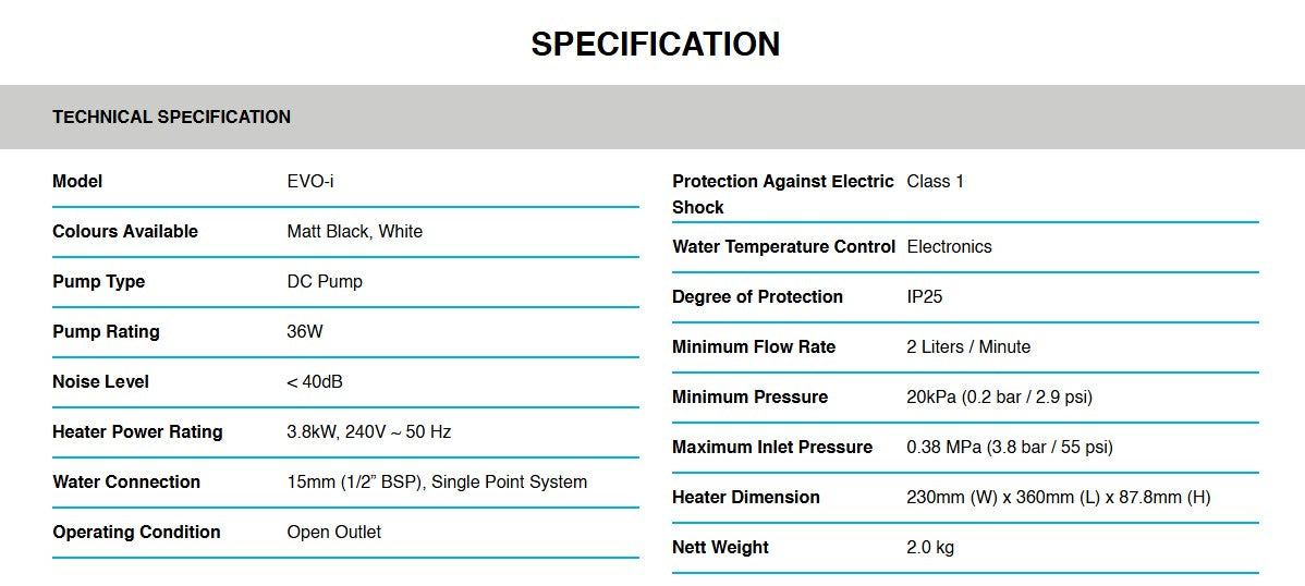 Alpha Water Heater With DC Pump Evo-i /Evoi (Matt Black)