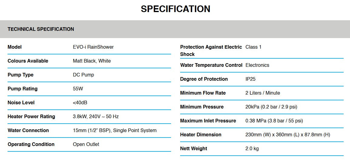 Alpha Water Heater With DC Pump Evo-i Rainshower /Evoi (All Matt Black)