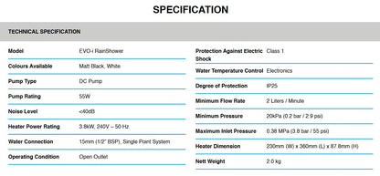 Alpha Water Heater With DC Pump Evo-i Rainshower /Evoi (All Matt Black)