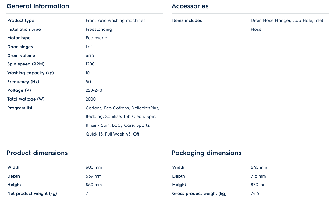 Electrolux EWF1024D3WC 10kg Washer UltimateCare 300 Front Load Washing Machine