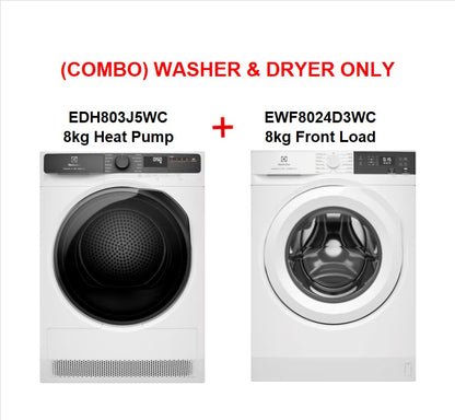{COMBO} Electrolux 8kg UltimateCare 300 front load Inverter EWF8024D3WC washing machine + 8kg EDH803J5WC heat pump dryer