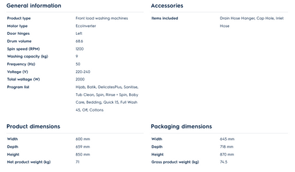 Electrolux EWF9024D3WC 9kg Washer UltimateCare 300 Front Load Washing Machine