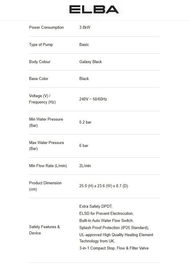 Elba Water Heater No-Pump EWH-K3420(GB) Galaxy Black EWHK3420GB